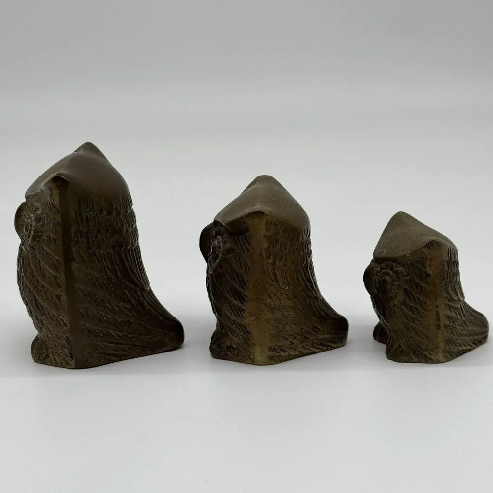 LEONARD Solid BRASS Owl Set Of 3 Figures Paperweights VINTAGE Rare Korea‎